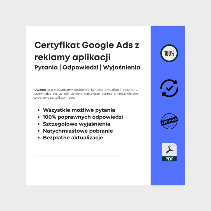 Obraz przedstawiający okładkę e-booka zatytułowanego Certyfikat Google Ads z reklamy aplikacji